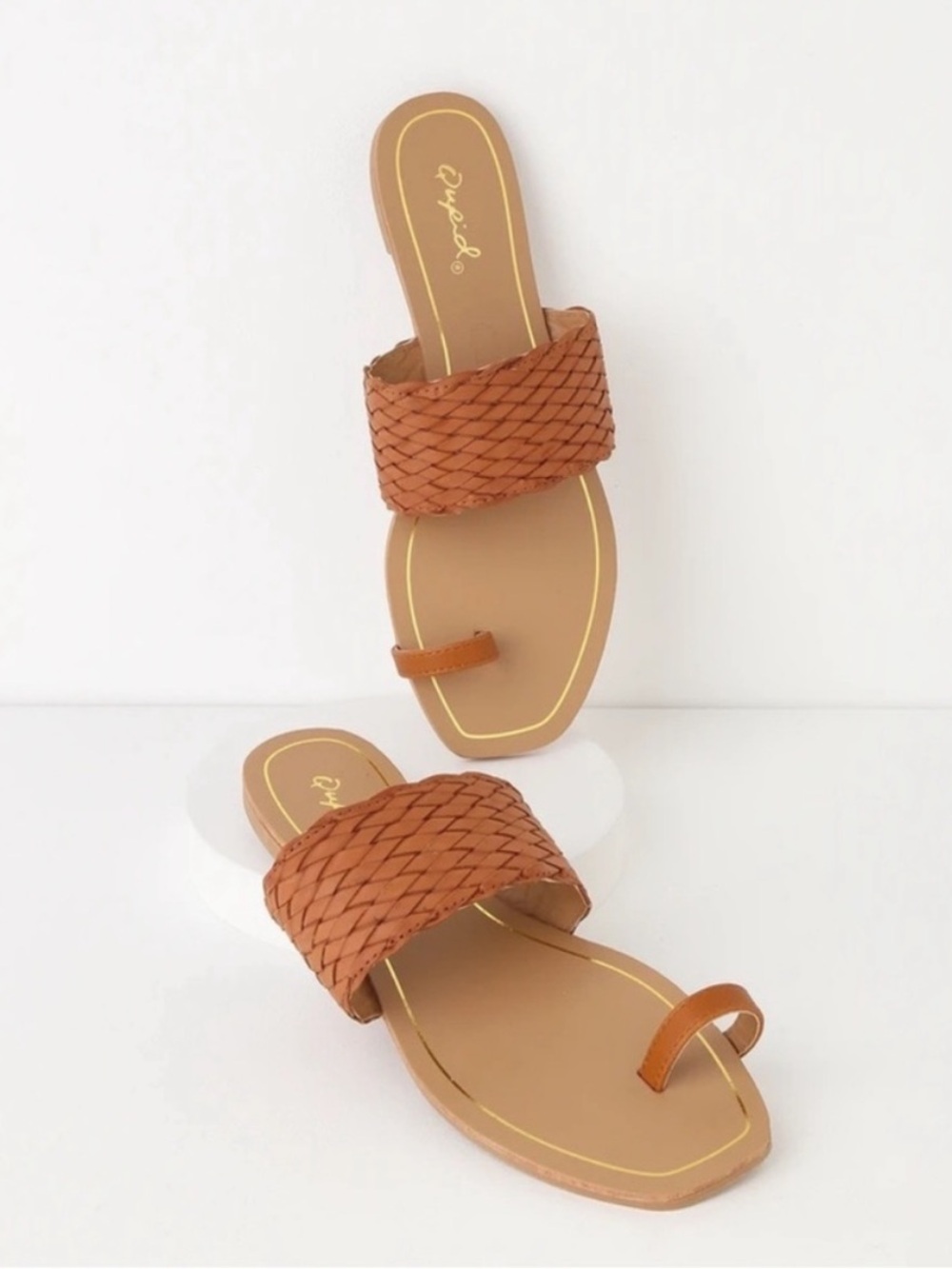 Sandals Cognac brown toe ring woven flat slip on sandals slides